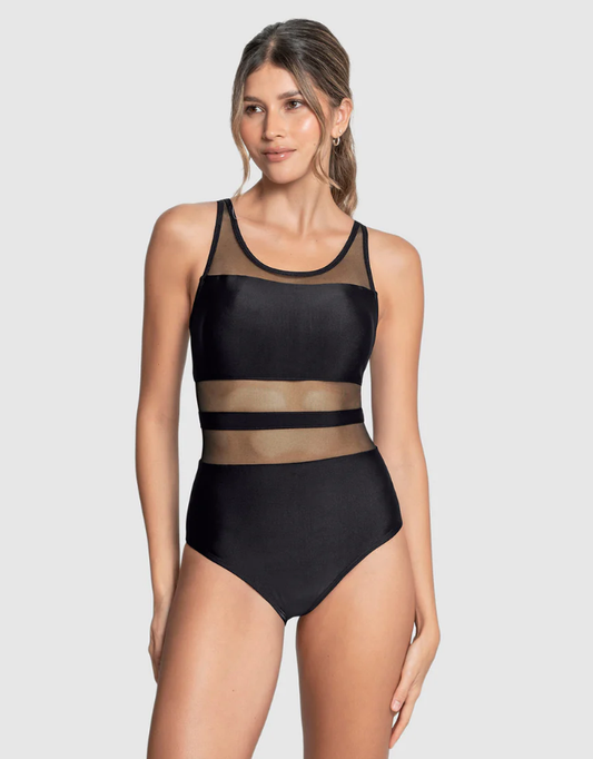 Afslankend badpak  met  meshstrepen