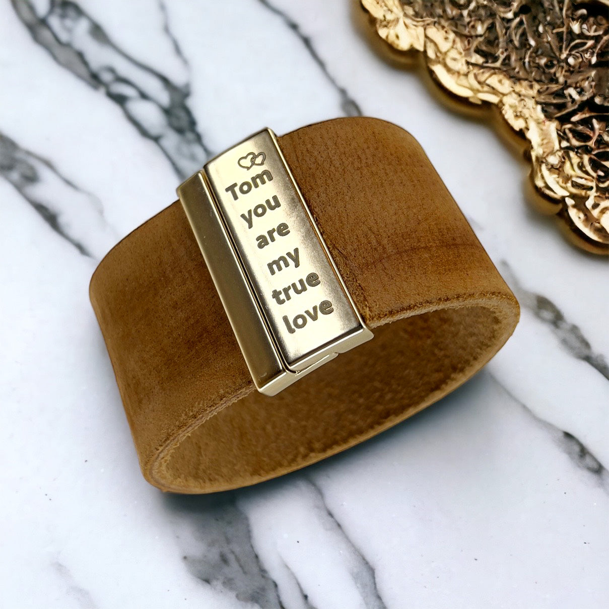 Brede leren armband + gravure | Brons, goudkleurig of zilverkleurig