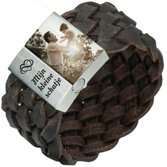 Fotoarmband Gevlochten Leer in Bruin of Zwart | Eigen Foto