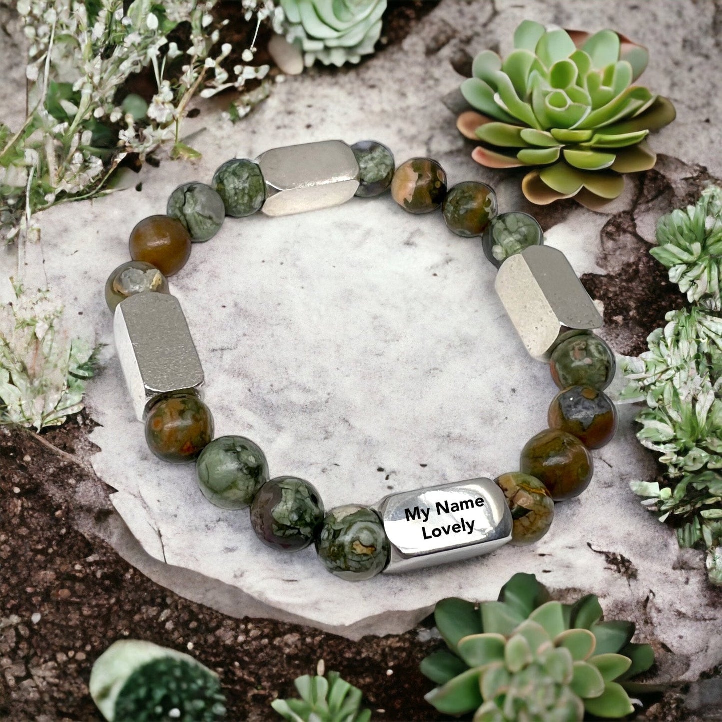 4 Naamschakels - Kralen armband: Green Sparrow Agaat